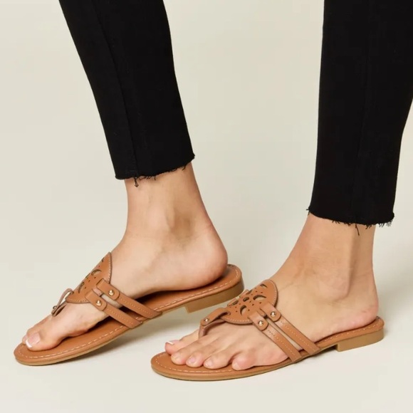 Tan Cutout Slip On Sandals - Picture 2 of 6